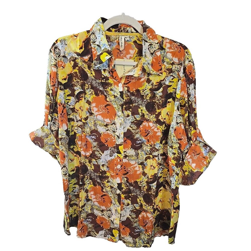 Cotton Daisy Button Down Shirt Lightweight roll tab sleeves Hipster Size‎ L New